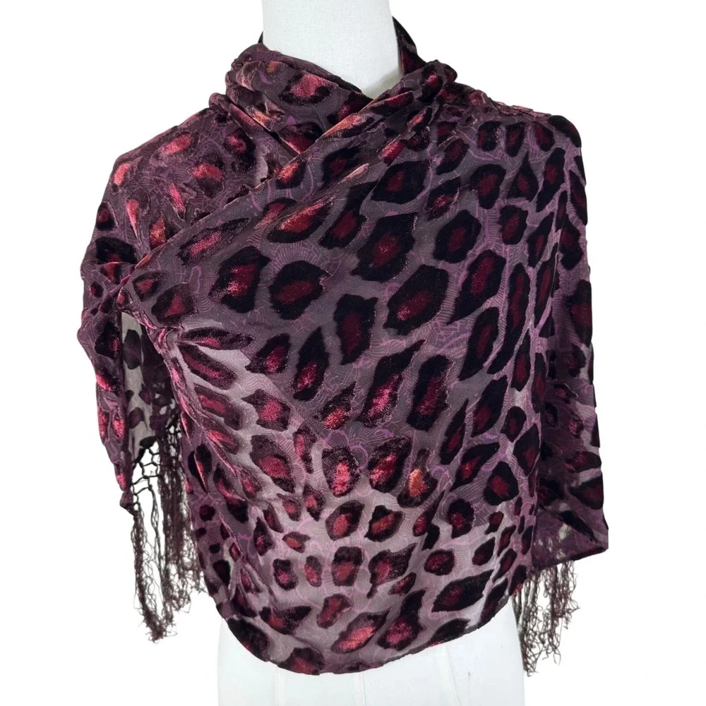 Scarf Women OS Burgundy Devore Burnout Velvet Leopard Print Fringe Wrap Mob Wife